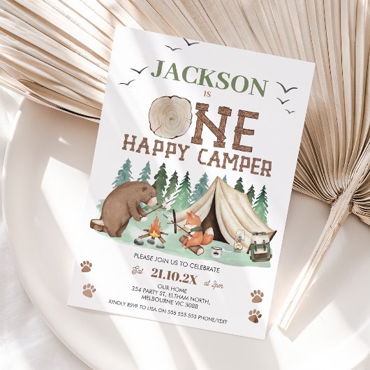 Invitation Enfants Brown Green One Happy Camper 1er anniversa