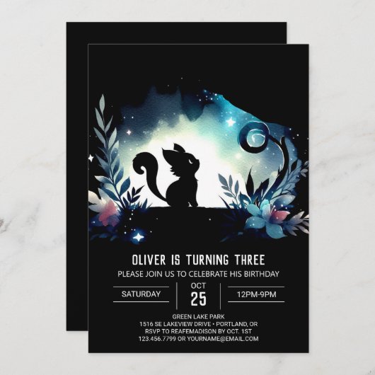 Invitation Enfants Chat Whimsical Anniversaire (Devant / Derrière)