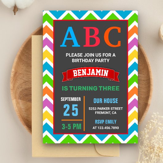 Invitation Enfants colorés ABC Alphabet fête d'anniversaire