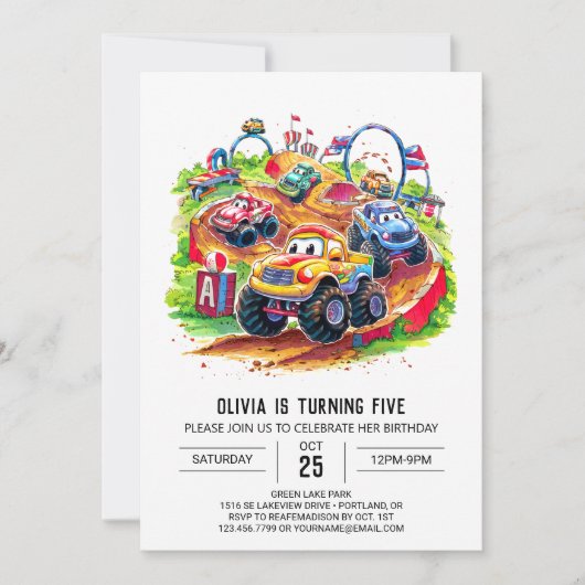 Invitation Enfants colorés Monster Truck Anniversaire (Devant)
