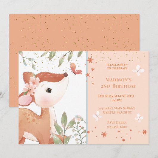 Invitation Enfants Cute Deer 2e fête d'anniversaire (Devant / Derrière)
