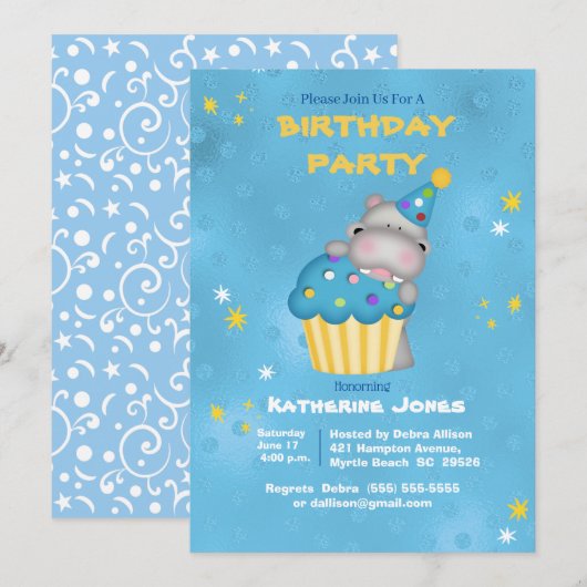 Invitation Enfants Cute Hippo avec Cupcake bleu Anniversaire  (Devant / Derrière)