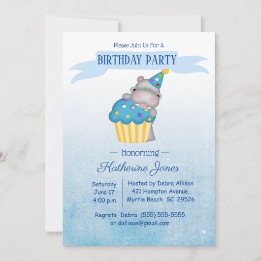 Invitation Enfants Cute Hippo avec un Cupcake bleu anniversai (Devant)