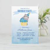 Invitation Enfants Cute Hippo avec un Cupcake bleu anniversai (Debout devant)