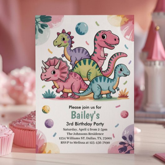 Invitation Enfants Cute Pink Dinosaur 3e fête d'anniversaire