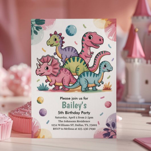 Invitation Enfants Cute Pink Dinosaur 5e fête d'anniversaire