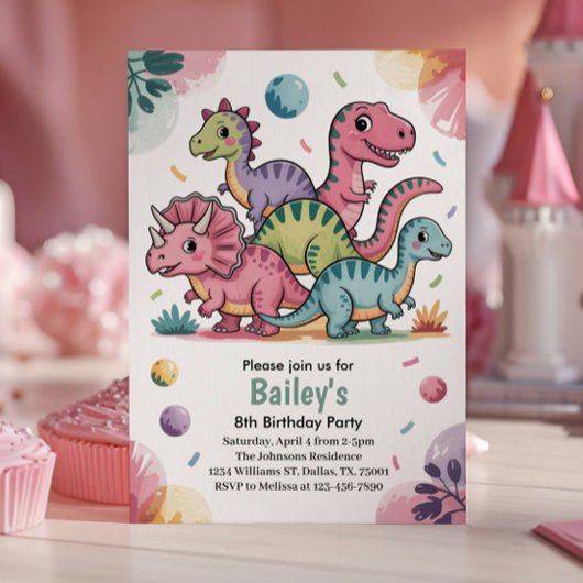 Invitation Enfants Cute Pink Dinosaur 8ème anniversaire fête