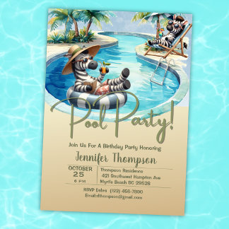 Invitation Enfants Cute Zebra Safari Pool Party Anniversaire