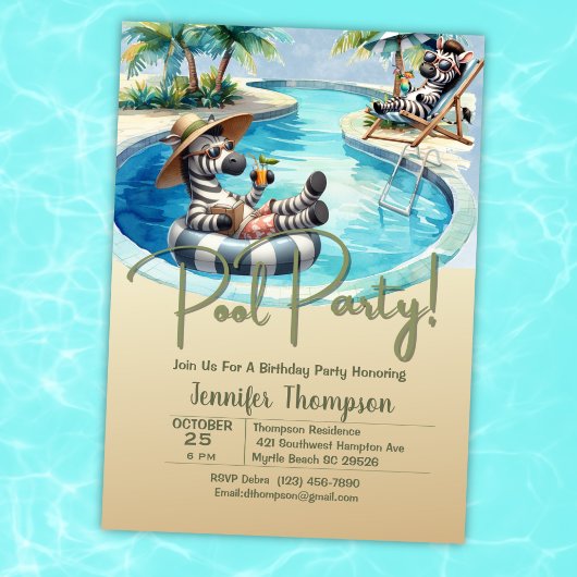 Invitation Enfants Cute Zebra Safari Pool Party Anniversaire