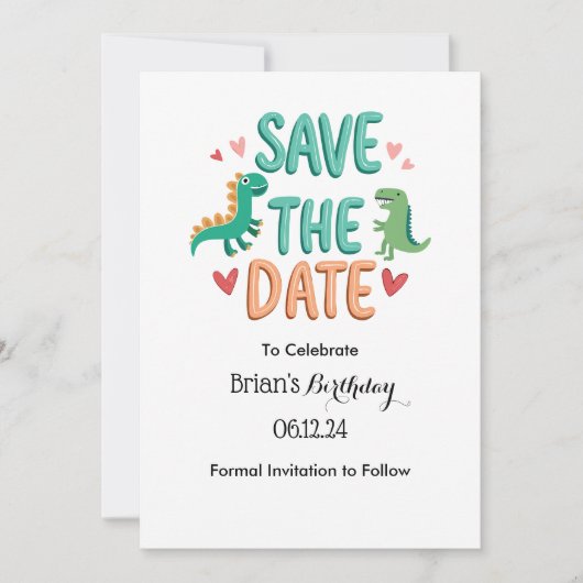Invitation Enfants Dino Anniversaire Fête Enregistrer La Date (Devant)