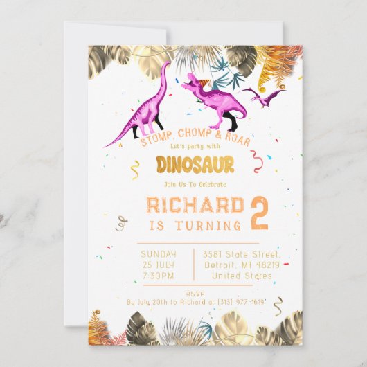 Invitation Enfants Dinosaure coloré thème Anniversaire fête (Devant)