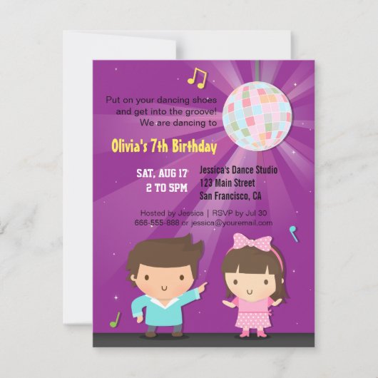 Invitation Enfants Disco Ball Groove Dance Anniversaire Fête  (Devant)