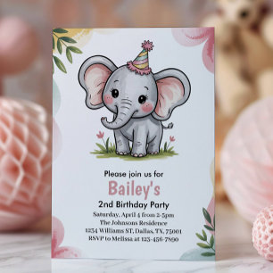 Invitation Enfants Éléphant Rose Mignon 2ème Fête d'Anniversa