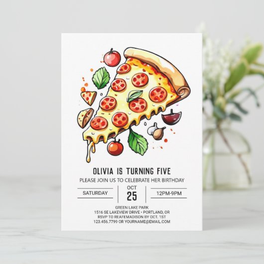 Invitation Enfants Enchanted Pizza Anniversaire (Debout devant)