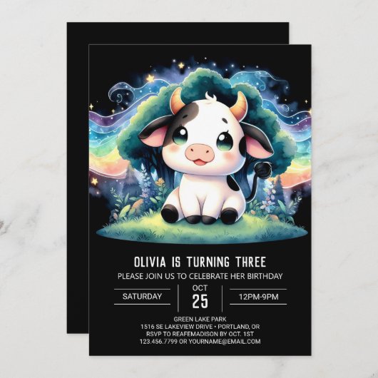 Invitation Enfants Enchantés Vache Anniversaire (Devant / Derrière)