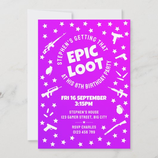 Invitation Enfants Epic Loot Purple Gamer Anniversaire (Devant)