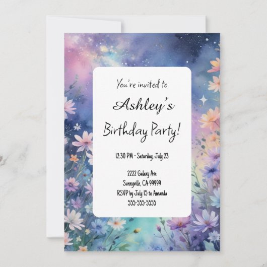 Invitation Enfants Espace Fleur thème Anniversaire Fête (Devant)