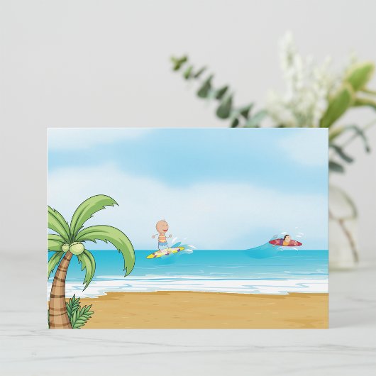 Invitation Enfants faisant du surf sur une plage tropicale en