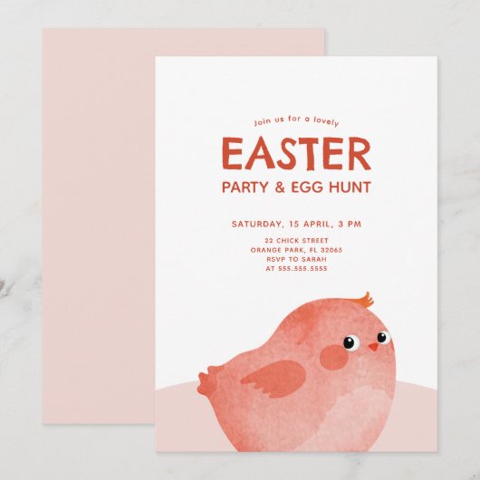Invitation Enfants Fête de Pâques avec petit poulet rose (Devant / Derrière)