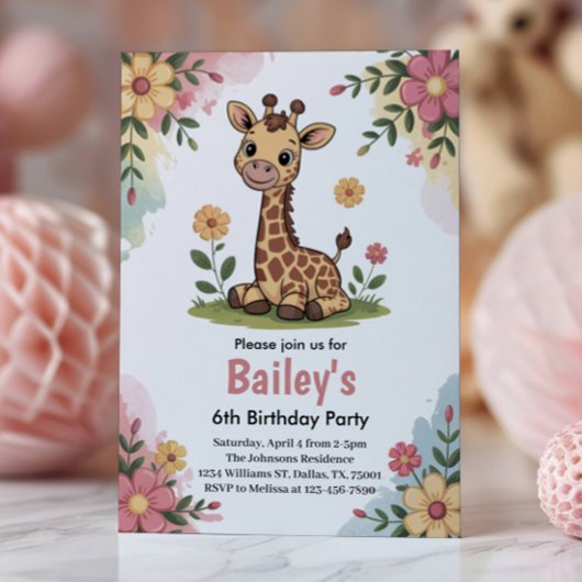 Invitation Enfants Floral Giraffe Jungle 6ème anniversaire
