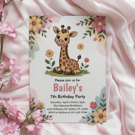 Invitation Enfants Floral Giraffe Jungle fête d'anniversaire