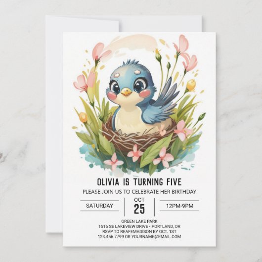 Invitation Enfants Forêt Oiseau Anniversaire (Devant)