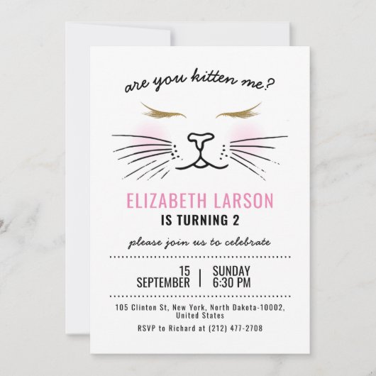 Invitation Enfants Funny Kitty Kitten Visage fête d'anniversa (Devant)