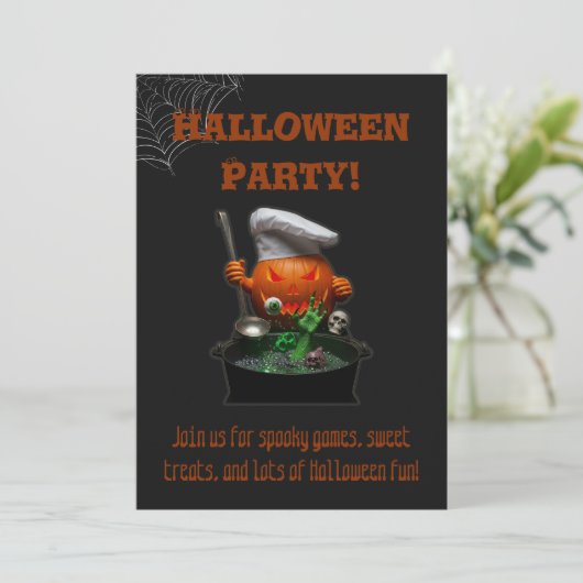Invitation Enfants Halloween- Joli design Citrouille Éffrayan (Debout devant)