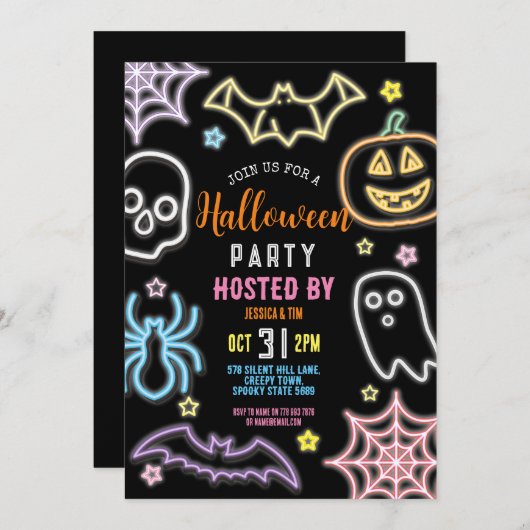 Invitation Enfants Halloween Party Neon Party Glow Dark (Devant / Derrière)