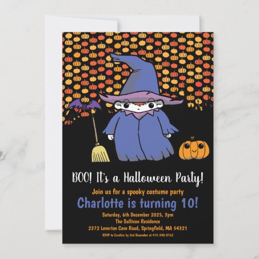 Invitation Enfants Halloween sorcière Citrouille & chauves-so (Devant)
