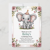 Invitation Enfants Jote rose Elephant fête d'anniversaire (Devant)