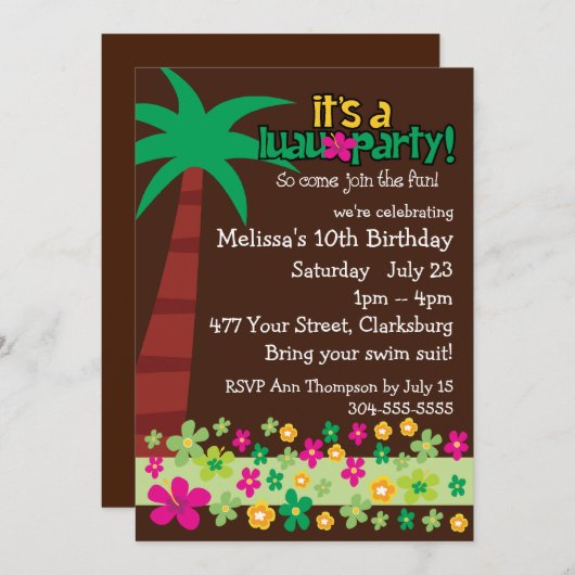 Invitation Enfants Luau (Devant / Derrière)