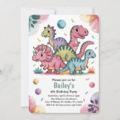 Invitation Enfants mignonne dinosaure rose 6e fête d'annivers (Devant)