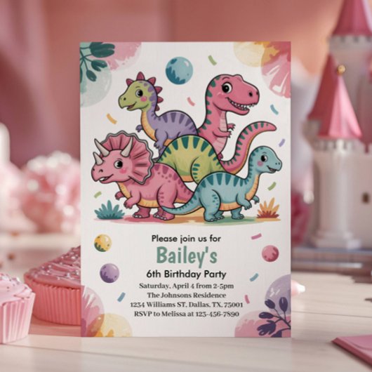 Invitation Enfants mignonne dinosaure rose 6e fête d'annivers