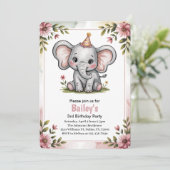Invitation Enfants mignonne Eléphant rose 3e fête d'anniversa (Debout devant)