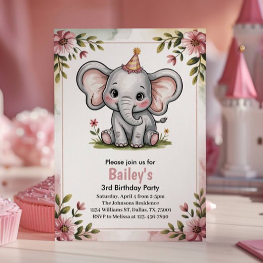 Invitation Enfants mignonne Eléphant rose 3e fête d'anniversa