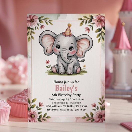 Invitation Enfants mignonne Eléphant rose 6e fête d'anniversa