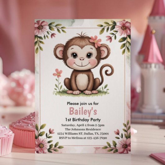 Invitation Enfants mignonne Singe rose 1er anniversaire fête