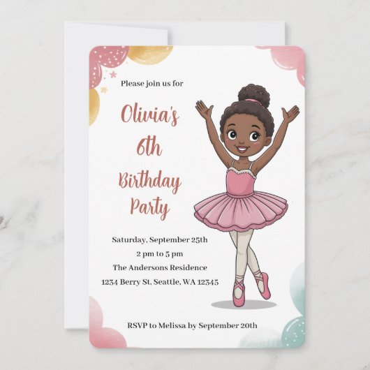 Invitation Enfants mignons Ballerina Anniversaire (Devant)
