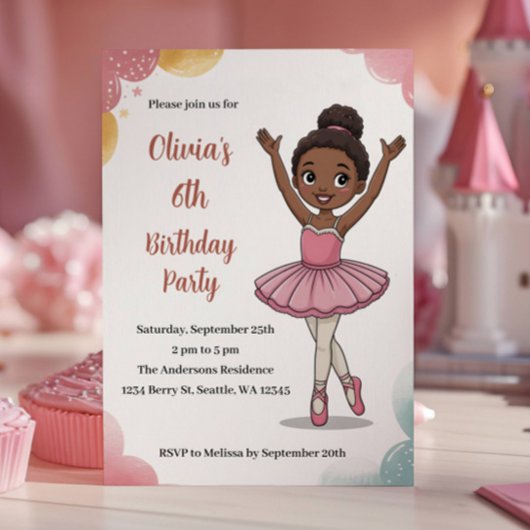 Invitation Enfants mignons Ballerina Anniversaire