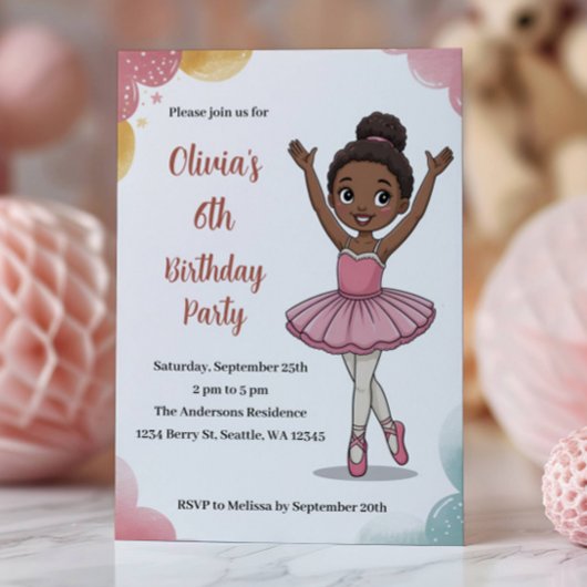 Invitation Enfants mignons Ballerina Anniversaire