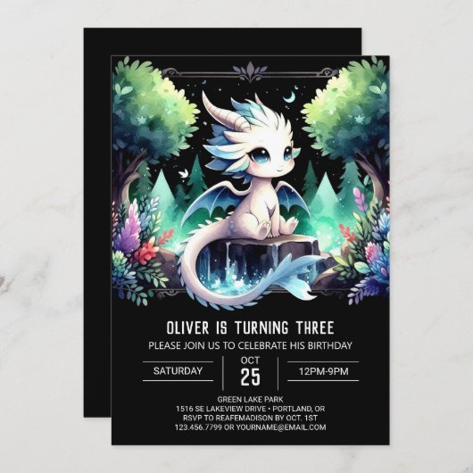 Invitation Enfants minimaliste Dragon Anniversaire (Devant / Derrière)