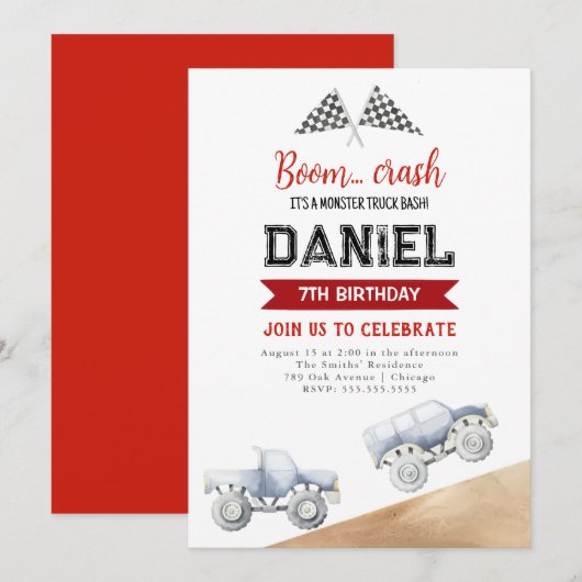 Invitation Enfants Monster Camion Anniversaire Fête Invitatio (Devant / Derrière)