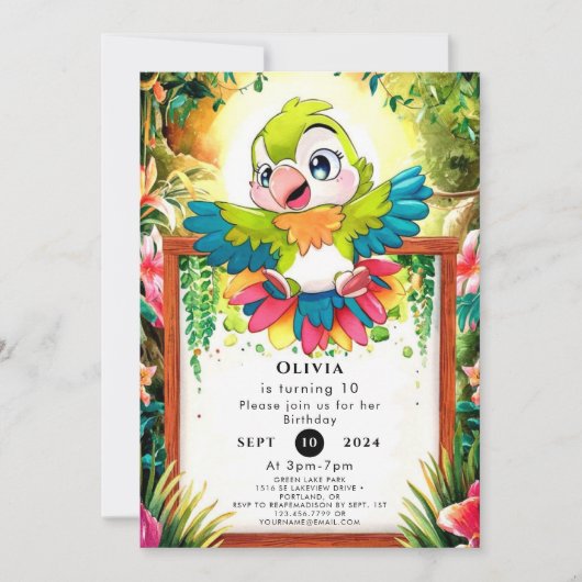 Invitation Enfants Parrot mignonne Anniversaire (Devant)