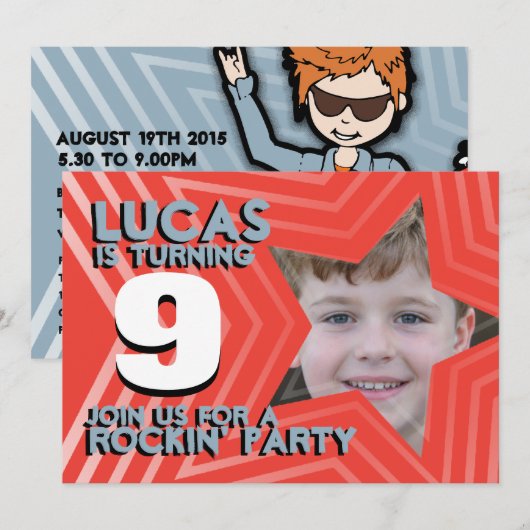 Invitation Enfants photo garçons 9e anniversaire fête rouge b (Devant / Derrière)