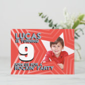 Invitation Enfants photo garçons 9e anniversaire fête rouge b (Debout devant)