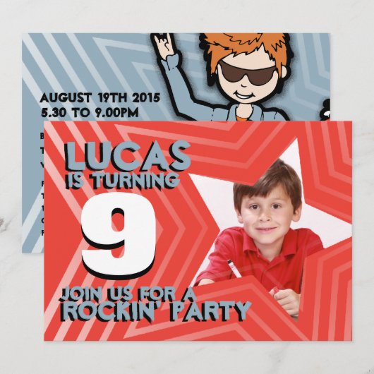 Invitation Enfants photo garçons 9e anniversaire fête rouge b (Devant / Derrière)