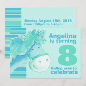 Invitation Enfants pony treking 8 anniversaire aqua anniversa (Devant / Derrière)