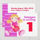 Invitation Enfants poupée premier anniversaire rose invitatio (Devant / Derrière)