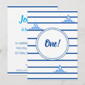 Invitation Enfants Premier anniversaire Blue Stripes Bateau à (Devant / Derrière)